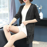 索宛亦（SUOWANYI） 冰絲針織衫中長(cháng)款薄款開(kāi)衫女外搭春秋季鏤空外套衣空調衫 黑色 S 80-105斤