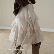 EGGKA多層荷葉邊飄帶雪紡半身裙高腰少女a(chǎn)字中長(cháng)裙E25B30143AF 杏色 L