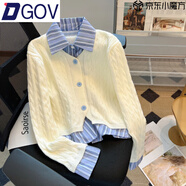 DGOV假兩件拼接針織毛衣開(kāi)衫女秋季2025新款法式別致甜美短款上衣外套 白色 M （建議95-105斤）