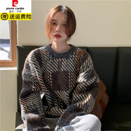 皮爾卡丹加大碼280斤胖mm圓領(lǐng)套頭毛衣女秋冬寬松慵懶風(fēng)復古千鳥(niǎo)格針織衫 灰色 3XL 【145-160斤】