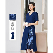 米思陽(yáng)（missshine）2025夏季新款時(shí)尚優(yōu)雅印花拼接洋裝V領(lǐng)收腰顯瘦裙子3114 藏青色XL碼預售到7月4日發(fā)貨 L