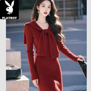 花花公子（PLAYBOY）法式氣質(zhì)氛圍感新年酒紅色披肩針織連衣裙冬季漂亮仙女加厚毛衣裙 酒紅色披肩針織連衣裙 S