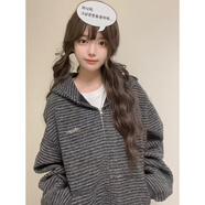 美式復古條紋開(kāi)衫連帽衛衣女秋冬季新款寬松國潮牌情侶拉鏈外套潮 黑色加絨加厚 S 建議75-95斤