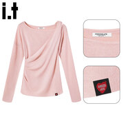 :CHOCOOLATE  it女裝連衣裙法式針織衫斜肩長(cháng)袖T恤秋冬套裝女高腰格紋半身裙 粉色上衣 【均碼】 S