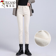啄木鳥(niǎo)（TUCANO）米白色加絨牛仔褲女小腳秋冬高腰顯瘦彈力加長(cháng)女褲休閑九分鉛筆褲 杏色 正常 加.絨 杏色  正常  加.絨 26 86 - 96斤