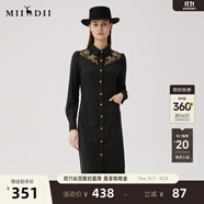 謎底刺繡連衣裙長袖女2024秋款復(fù)古文藝修身襯衫式長裙248ML8301 黑色 L