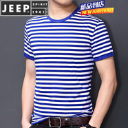 JEEP SPIRIT夏季短袖男裝黑白色橫條紋體恤?；晟兰兠捱\動(dòng)半袖復古聚會(huì )衫 藍色 XL