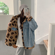 妹丫復(fù)古兩面穿中長款牛仔外套女冬加厚酷女孩穿搭仿兔毛氣質(zhì)豹紋大衣 大豹紋 S
