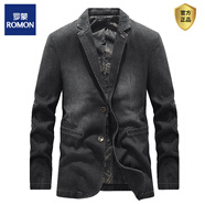 羅蒙（ROMON）春秋牛仔夾克男士小西裝中長(cháng)款寬松休閑外套大碼百搭翻領(lǐng)牛仔西服 黑色 2XL