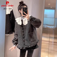 皮爾卡丹（pierre cardin）韓系木耳邊娃娃領(lǐng)加棉短外套女2024冬季新款寬松小個(gè)子棉衣外套 灰色 M