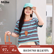 MsShe【全棉】大碼女裝2025夏裝胖mm彩色條紋提花正肩短袖T恤上衣 北歐藍(lán)色現(xiàn)貨 3XL