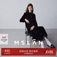 MSLAN|商場(chǎng)同款冬季新款氣質(zhì)絲絨蕾絲拼接連衣裙鏤空繡花黑色長(cháng)裙 烏黑 L