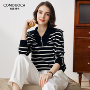 科蒙博卡秋冬個(gè)性翻領(lǐng)條紋羊絨衫女寬松休閑外穿針織毛衣 午夜黑 S