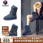 AU&MU澳洲紅色雪地靴女冬季羊皮毛一體男女靴保暖加絨防滑大碼戶外棉鞋 藍(lán)色 【男女款】【羊皮毛一體】310 39 U8