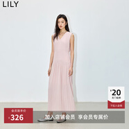 LILY夏新款女裝設計感學(xué)院風(fēng)百褶氣質(zhì)V領(lǐng)通勤長(cháng)款高腰連衣裙 128水粉色 XL