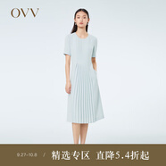 OVV2023春夏新款女裝單面緞三醋酸經(jīng)典圓領(lǐng)清爽百褶短袖連衣裙 藍灰（凈色）06 S
