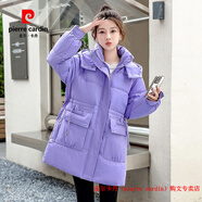 皮爾卡丹（pierre cardin）品牌高檔羽絨棉衣外套女冬季新款中長(cháng)款寬松棉襖收腰顯瘦保暖棉服 紫色 M 建議90到115斤左右