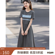 熙世界（sllsky）航海系撞色條紋連衣裙 裙子女夏季2025新款女裝休閑顯瘦收腰夏裝 暗灰色 S