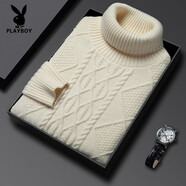 花花公子（PLAYBOY）高領(lǐng)貼身羊絨T恤冬季羊 絨衫男高領(lǐng)加厚保暖加絨純羊 絨毛衣休閑 米白色 M