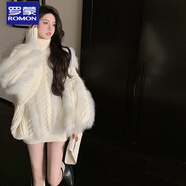 羅蒙2025新款冬季中長款皮草拼接高領(lǐng)毛衣女設(shè)計感小眾別致寬松 杏色毛衣 S