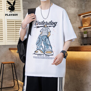 花花公子（PLAYBOY）2025新款夏季短袖t恤男孩初中高中學(xué)生寬松上衣服青少年大童夏裝 白色 M