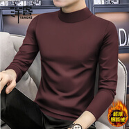 洋客高端純色長(cháng)袖t恤男士半高領(lǐng)打底衫棉秋衣內搭新款秋裝加絨上衣潮 酒紅 （加絨款） XL 【適合135-150斤】