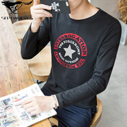 七匹狼狼影品牌男士純棉長(cháng)袖t恤上衣服男裝打底衫潮流秋季內搭加絨秋衣潮牌 長(cháng)袖五角星黑色 M