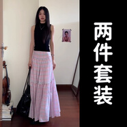 靈佰詩(shī)奴樂(lè )韓系風(fēng)格穿搭一整套2025度假風(fēng)氣質(zhì)高腰a字半身洋裝長(cháng)裙女夏定制 黑色上衣+粉色半裙套裝 黑色上衣 S 40/45KG/