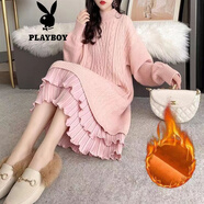 花花公子（PLAYBOY）加絨/不加絨大碼女裝毛衣裙秋冬季中長款過膝寬松針織打底衫裙子 粉色【加絨】官方旗艦版 加厚 S 【80-90斤】
