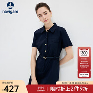 Navigare意大利小帆船短袖襯衫裙女士夏季時尚百搭小個子連衣裙簡約中裙女 海軍藍 M 碼