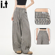 :CHOCOOLATE it女裝休閑褲女復古條紋垂感褲子女2026春秋流行直筒闊腿拖地褲 灰色 L