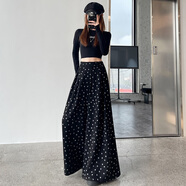 帥西歐黑色波點(diǎn)加厚裙褲女2025秋冬新款高腰寬松垂墜感大褲腳闊腿褲子 黑色 九分 S 【80斤-100斤】