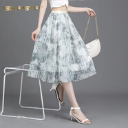 夏典素訂女王（SE.PSTP）2025夏新款碎花冰絲半身裙女小清新短裙大擺網(wǎng)紗印花a字顯瘦中裙 新面料雪紡紗(9906-1) 均碼 (松緊腰)