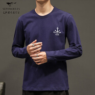 七匹狼（SEPTWOLVES）2025潮流男士長袖恤領(lǐng)新款上衣服男裝春季純色白體恤打底衫 長袖船錨藏青色 M
