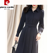 皮爾卡丹（pierre cardin）秋季新款條紋連衣裙時(shí)尚休閑簡(jiǎn)約通勤顯瘦氣質(zhì)裙子 藏青色 L