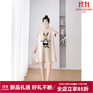 婧麒（JOYNCLEON）孕婦裝2025夏裝連衣裙印花小熊t恤裙子短袖中長款寬松孕婦裙 牛仔兔杏色Jly69366 M