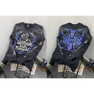 TYBURN美式復古WestCoast紫焰機車(chē)街頭水洗做舊印花寬松休閑秋季長(cháng)袖T恤 水洗黑- West Coast 紫焰機車(chē) 限定 S 100-130斤左右-S碼（寬松版型）