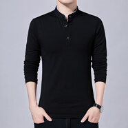 七匹狼春秋款男裝純棉t恤長(zhǎng)袖商務(wù)修身版簡(jiǎn)約休閑純色立領(lǐng)體恤大碼秋衫 黑色 4XL (適合195-215斤)