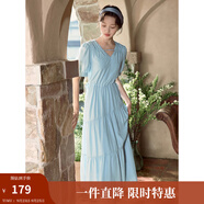 茵曼（INMAN）法式薄荷曼波連衣裙2024夏女裝新品V領(lǐng)燈籠袖抽繩 紺藍色 S
