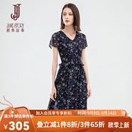 經(jīng)典故事（JANE STORY）2025年夏季新款V領(lǐng)雪紡連衣裙女氣質(zhì)法式茶歇裙復古荷葉邊碎花裙 M73深藍色花 M