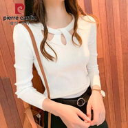 皮爾卡丹春秋新款毛衣針織衫女士小衫冬天打底衫洋氣鏤空短款圓領(lǐng)上衣 白色  XL 108-118