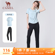 駱駝（CAMEL）戶外晨跑運(yùn)動(dòng)服女休閑短袖兩件套裝 Y23BA0L6059 水波藍(lán)/黑 S