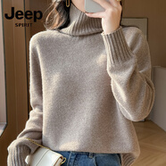 JEEP SPIRIT美麗諾高領(lǐng)純色羊毛衫女短款寬松加厚堆堆領(lǐng)毛衣針織羊.絨打底衫 原絨駝 M