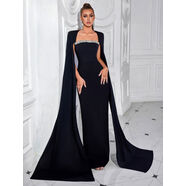 無(wú)疆妙品歐美性感一字領(lǐng)鑲鉆拼接晚禮服拖地長(cháng)袖后開(kāi)叉純色宴會(huì )連衣裙 黑色 XS XS