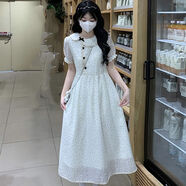 芊綢2025夏裝新款法式復古甜美花邊娃娃領連衣裙女可愛學院風休閑長裙 杏色 S