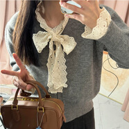 貞喜氣秋冬新款女法式蕾絲系帶針織開(kāi)衫泡泡袖顯瘦時(shí)髦外搭毛衣外套 蕾絲系帶毛衣外套【灰色均碼】 均碼 85-130斤