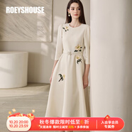 ROEYSHOUSE羅衣秋季女裝泡泡袖收腰連衣裙2025新款重工繡花裙子11706 米白色 L （建議拍前聯(lián)系客服確認(rèn)哦）