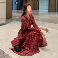 HUALIN FASHION韓國碎花雪紡裙2025春秋長(cháng)袖收腰中長(cháng)款 855 M