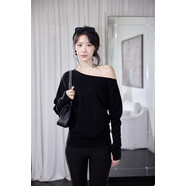 小紅書(shū)爆款錢(qián)安安斜肩大露肩長(cháng)袖打底針織衫羊毛歐美氣質(zhì)毛衣上衣 黑色 均碼