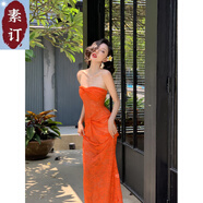夏典素訂女王（SE.PSTP）素訂原創(chuàng)時(shí)尚高端橘色鏤空蕾絲包臀皺褶抹胸純欲性感長裙連衣裙 橘色（現(xiàn)貨） S